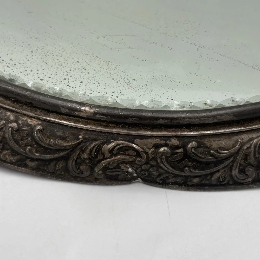 Antique Von Bergh‎ S.P. Co. Beveled Mirror Silver Plated Repousse Vanity Plateau